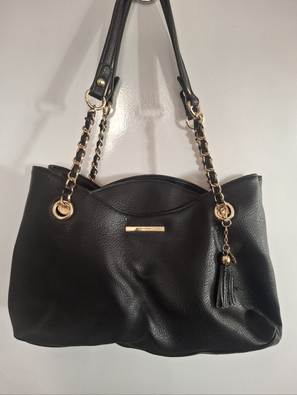 Jessica Simpson Black Tote with Gold Chain Handles and Tassel